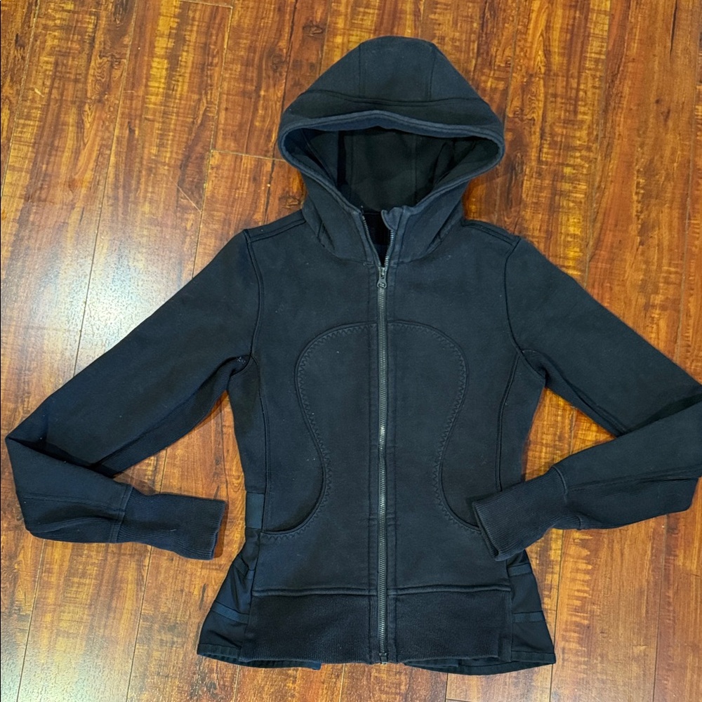 Lululemon Washed Black Ruffled Back Hooded Jacket